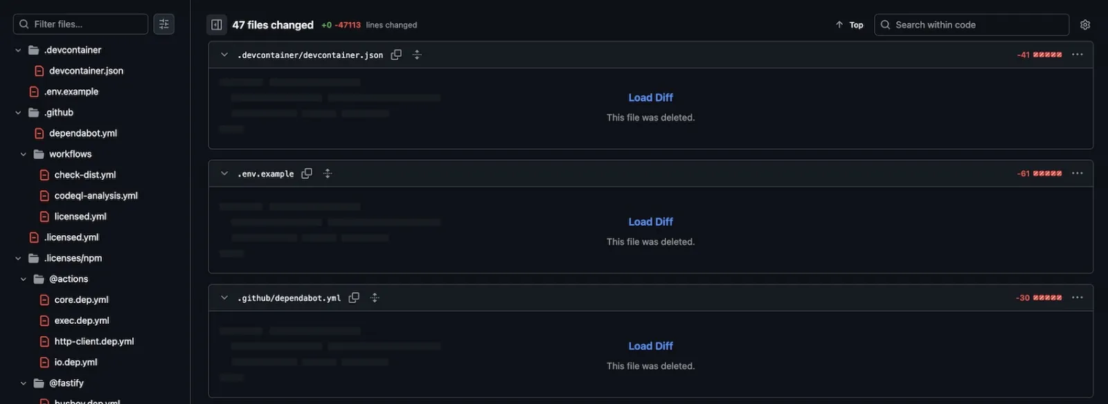 GitHub commit with 47000 lines removed